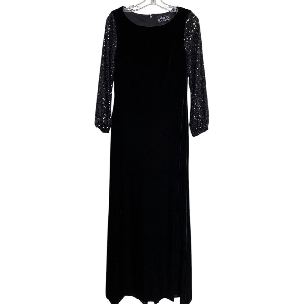 Alex Evenings Dress Gown Womens Size 8 Black Velvet Velour Stretch Sequin Sleeve